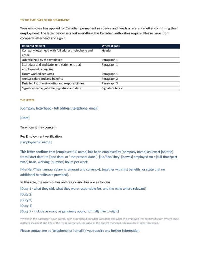 Sample employment reference letter template for Canadian immigration work experience evidence